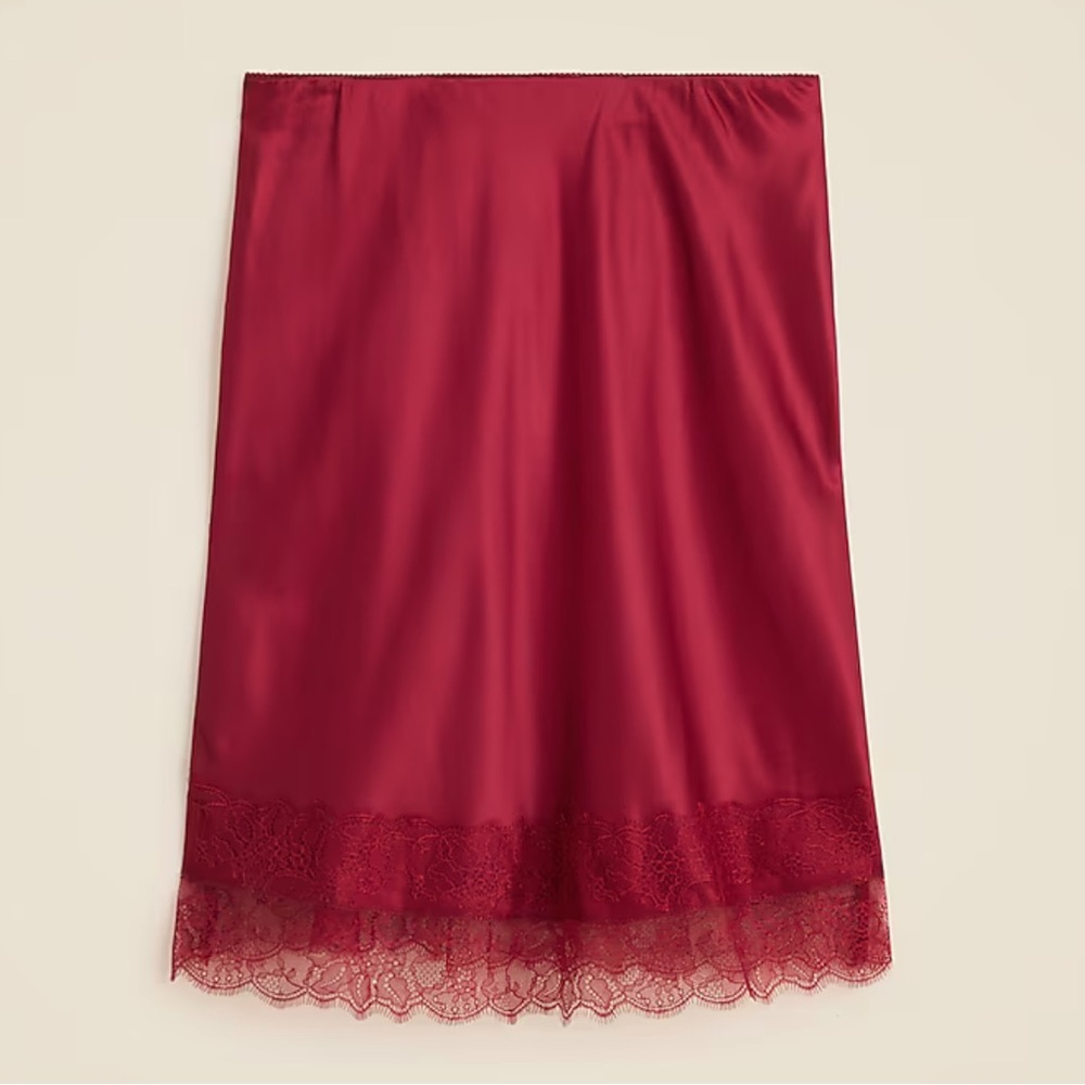 NWT J. Crew Gwen lace-trim slip skirt in luster charmeuse, vivid burgundy